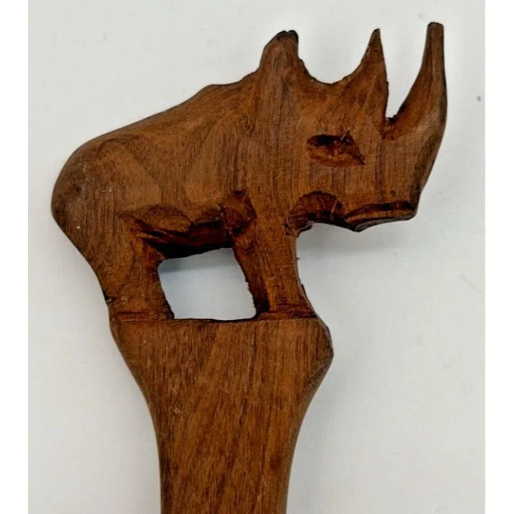 Vintage Hand Carved African Wood Rhinoceros Salad Server Set Black & White Rhino